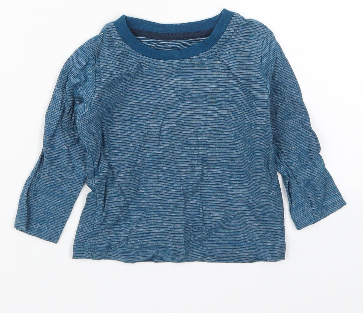 Additional front view of Matalan boys’ blue striped cotton basic t-shirt, size 9-12, months crew neck pullover