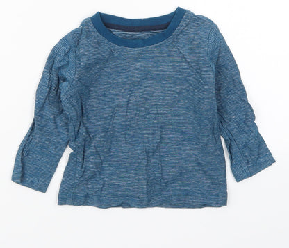 Additional front view of Matalan boys’ blue striped cotton basic t-shirt, size 9-12, months crew neck pullover