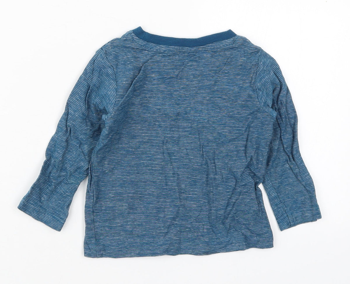 Back view of Matalan boys’ blue striped cotton basic t-shirt, size 9-12, months crew neck pullover