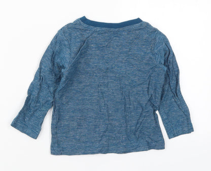 Back view of Matalan boys’ blue striped cotton basic t-shirt, size 9-12, months crew neck pullover