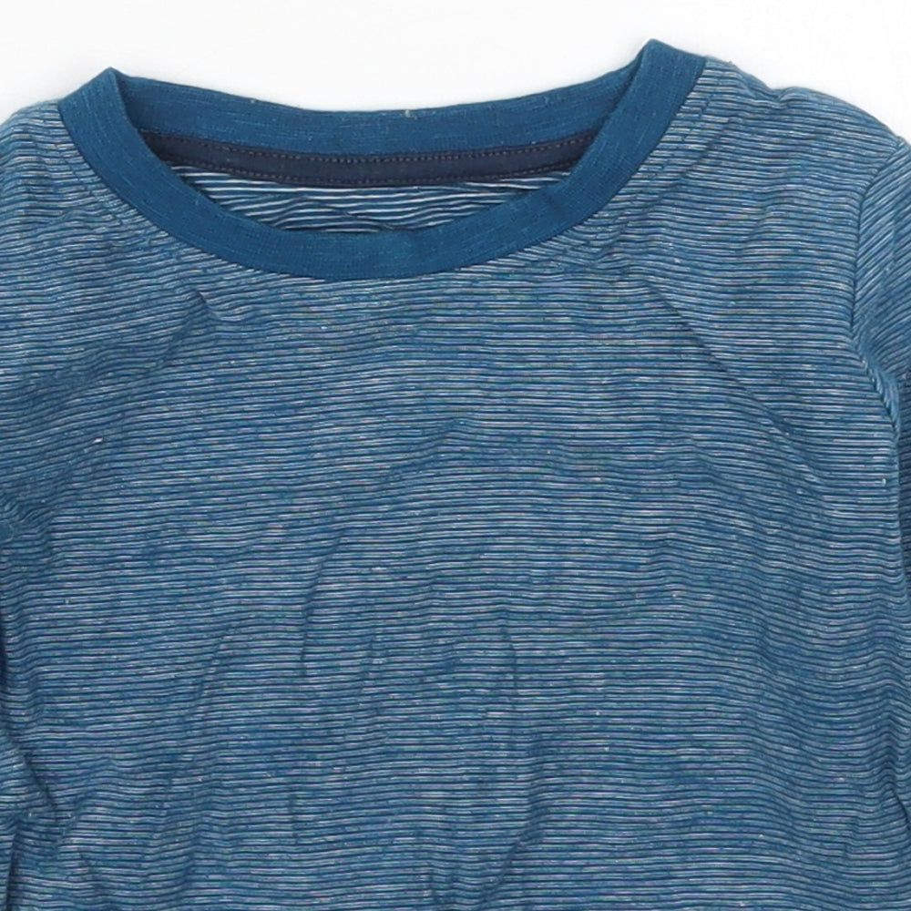 Close-up detail of Matalan boys’ blue striped cotton basic t-shirt, size 9-12, months crew neck pullover