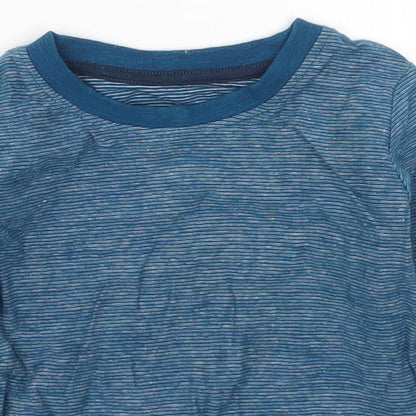 Close-up detail of Matalan boys’ blue striped cotton basic t-shirt, size 9-12, months crew neck pullover