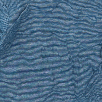 Brand and care label for Matalan boys’ blue striped cotton basic t-shirt, size 9-12, months crew neck pullover