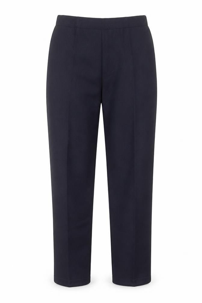 Front view of Preworn women’s blue herringbone polyester trousers, size S, 26-inch leg regular