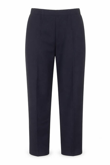 Front view of Preworn women’s blue herringbone polyester trousers, size S, 26-inch leg regular