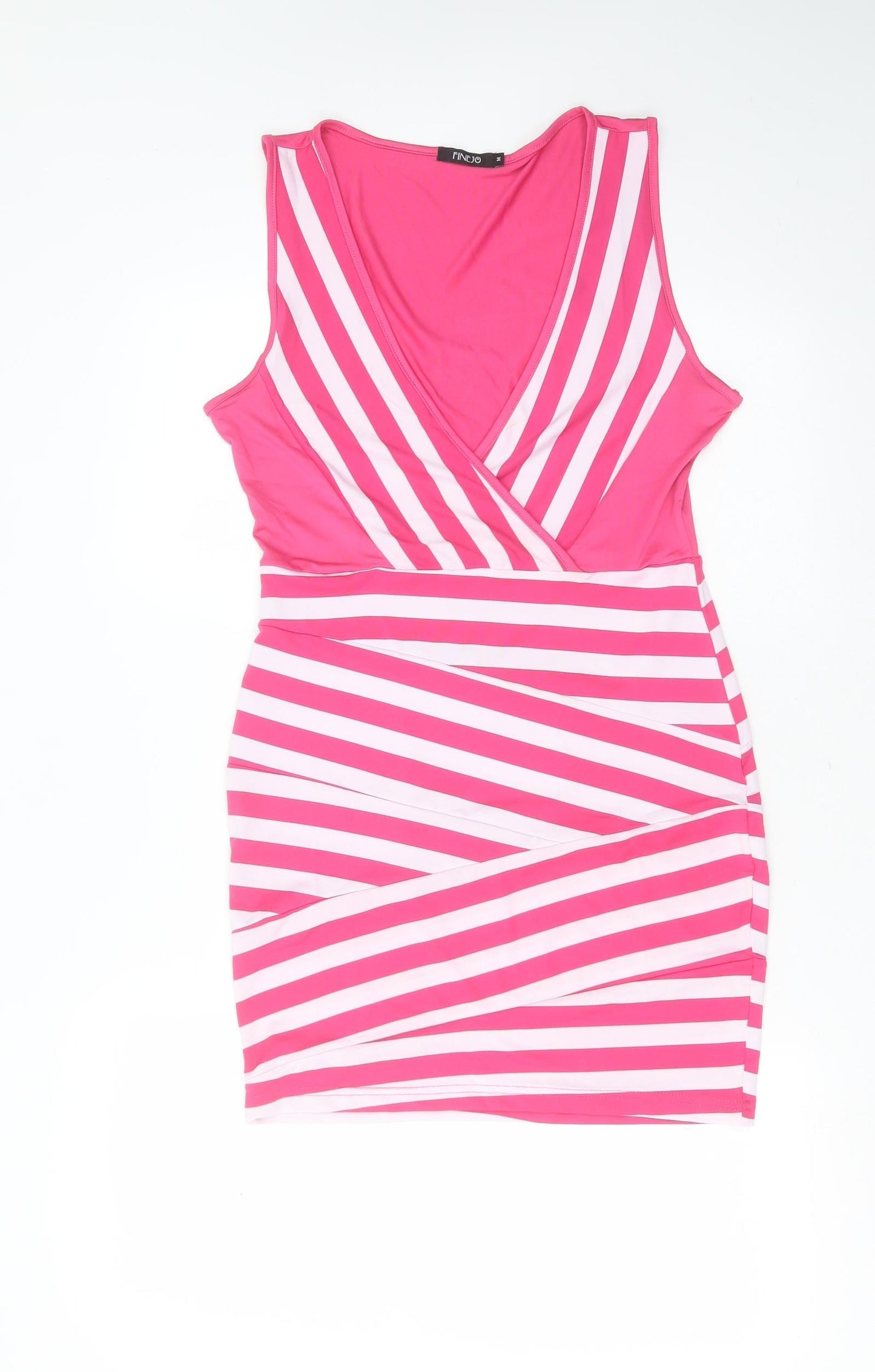 Finejo Womens Pink Striped Polyester Mini  Size M  V-Neck