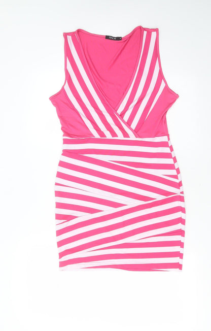 Finejo Womens Pink Striped Polyester Mini  Size M  V-Neck