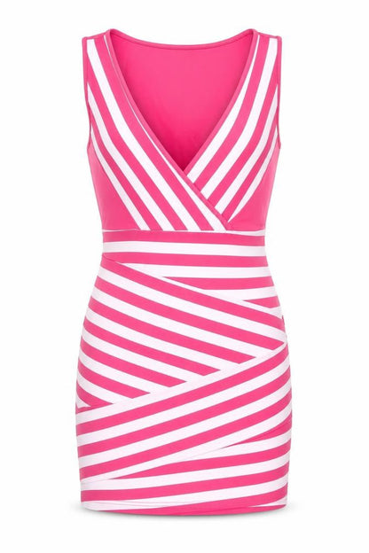 Front view of Finejo women’s pink striped polyester mini, size M, v-neck