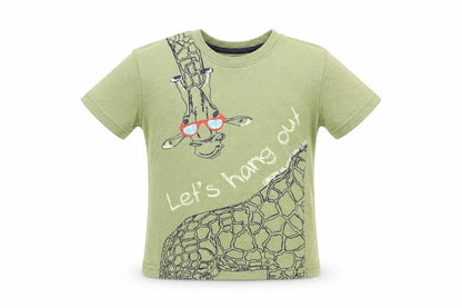 Front view of Primark Baby Green Cotton Basic T-Shirt, size 12-18, Months Round Neck - giraffe