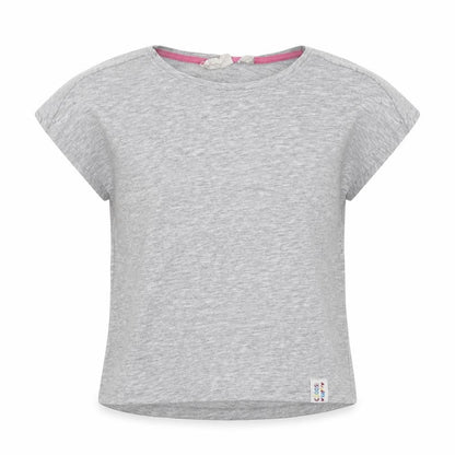 Front view of alive girls’ grey cotton basic t-shirt, size 7, years crew neck button