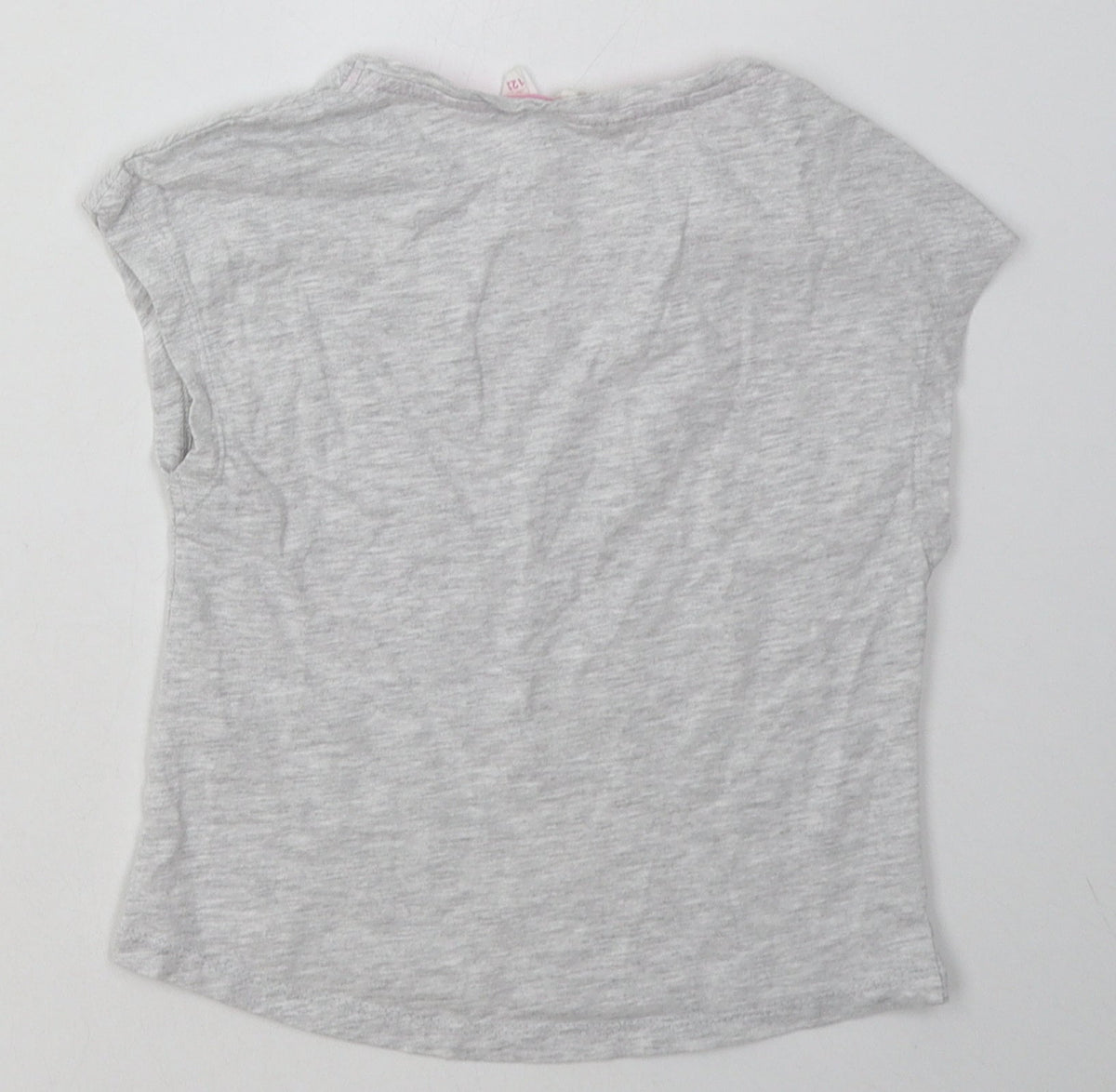 Back view of alive girls’ grey cotton basic t-shirt, size 7, years crew neck button