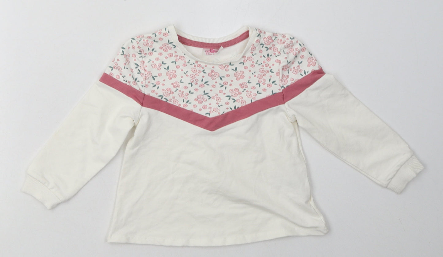 pep&co Girls White Floral Cotton Basic Casual Size 18-24 Months Crew Neck Pullover
