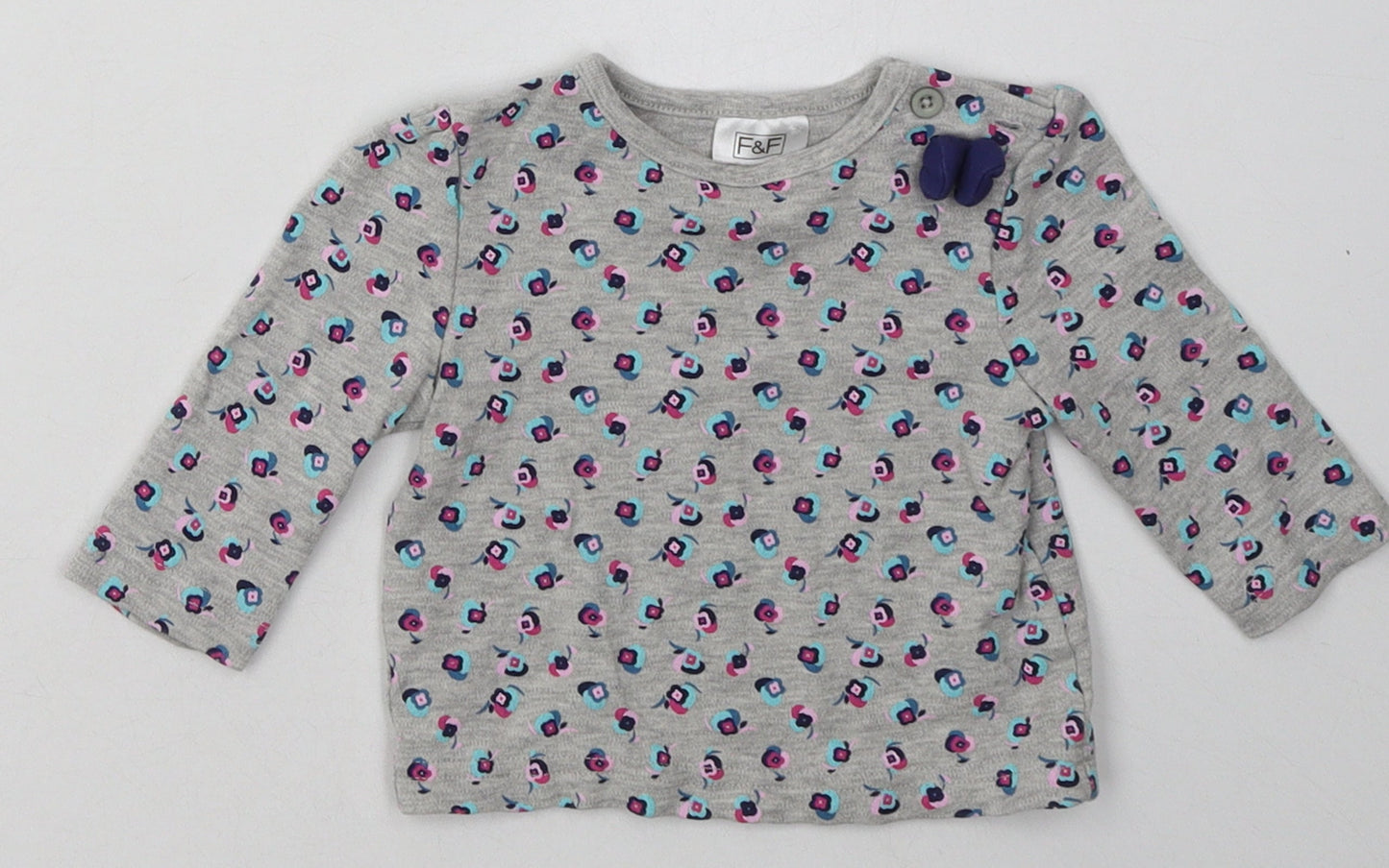 F&F Girls Grey Floral Cotton Basic Casual Size 3-6 Months Crew Neck Button