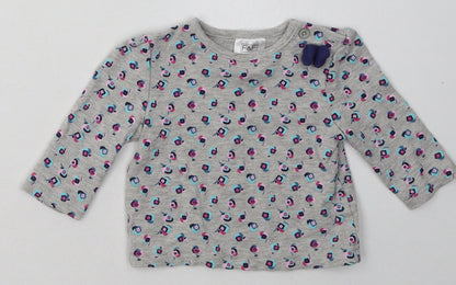 F&F Girls Grey Floral Cotton Basic Casual Size 3-6 Months Crew Neck Button