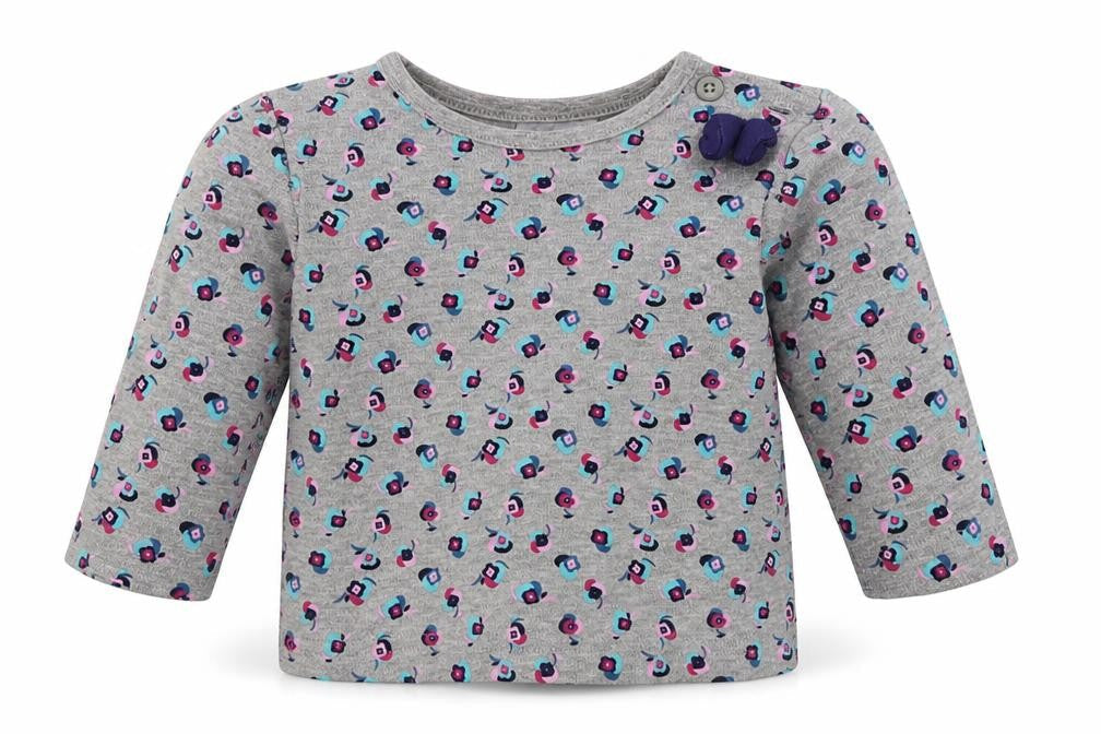 Front view of F&F girls’ grey floral cotton basic casual, size 3-6, months crew neck button