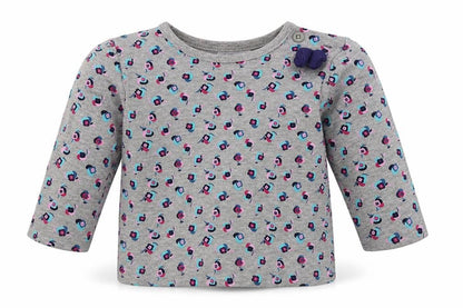 Front view of F&F girls’ grey floral cotton basic casual, size 3-6, months crew neck button