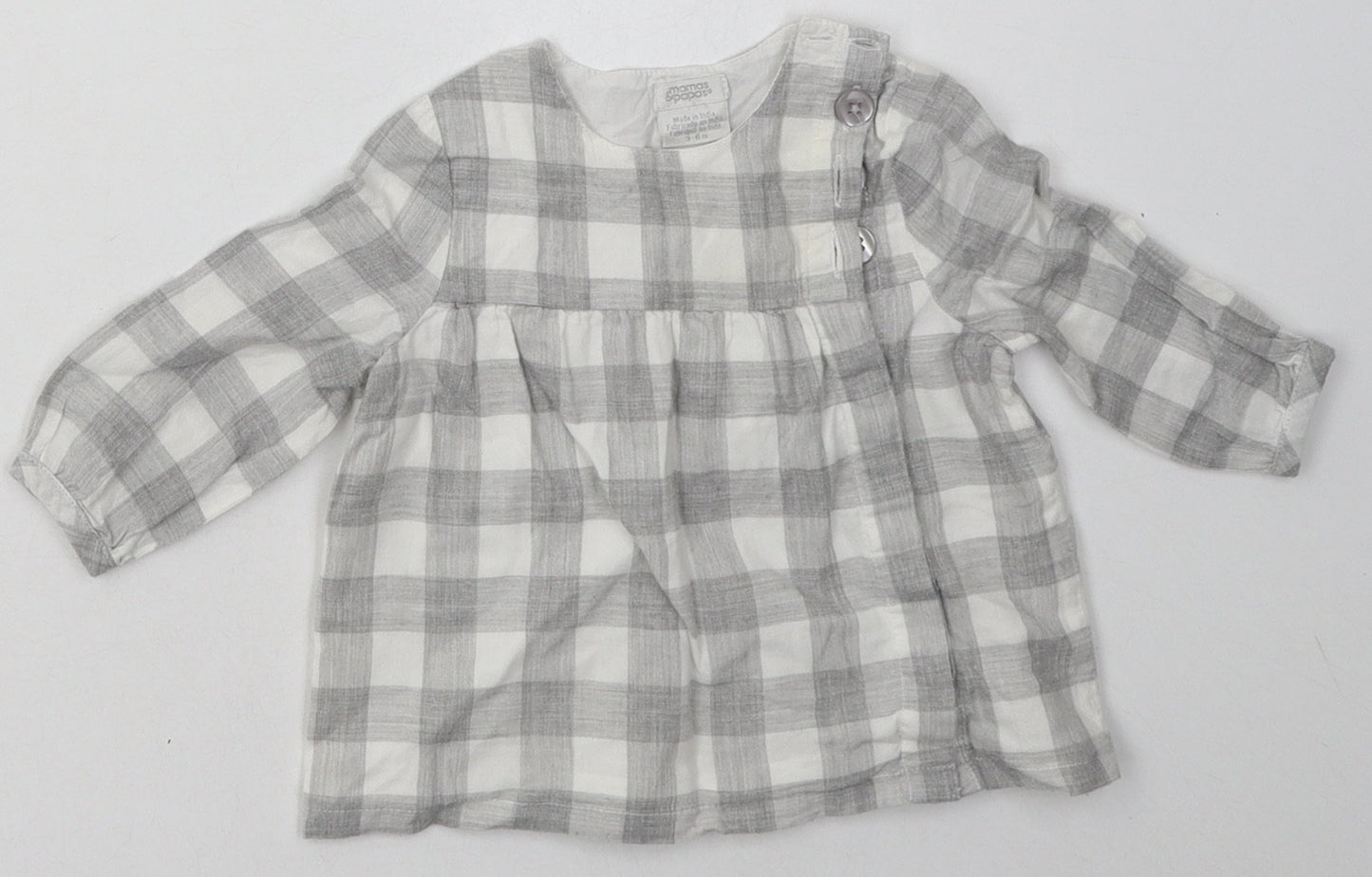 mamas & papas Girls Grey Check Cotton A-Line  Size 3-6 Months  Crew Neck Button