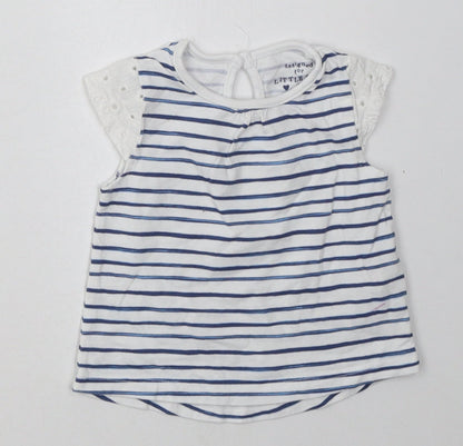 F&F Girls Blue Striped Cotton Basic T-Shirt Size 0-3 Months Crew Neck Button