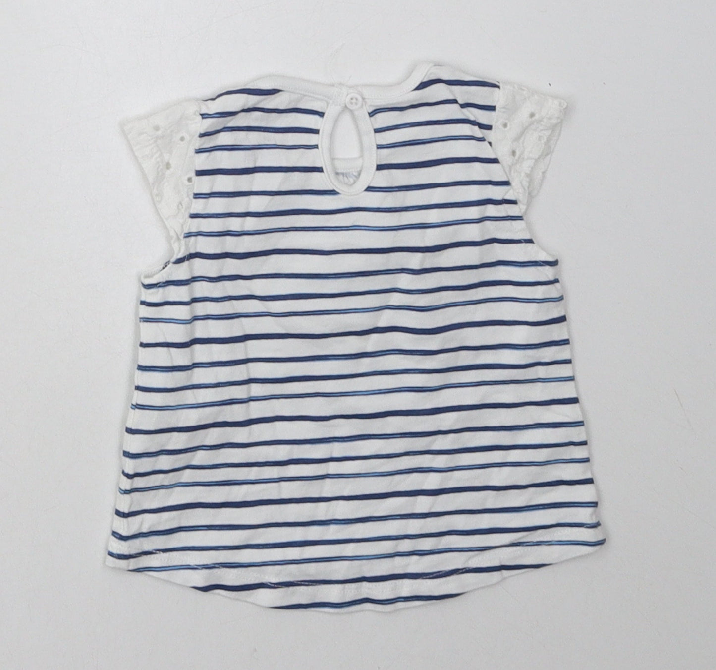F&F Girls Blue Striped Cotton Basic T-Shirt Size 0-3 Months Crew Neck Button