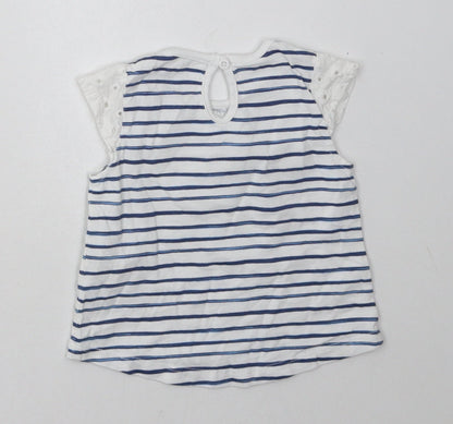 F&F Girls Blue Striped Cotton Basic T-Shirt Size 0-3 Months Crew Neck Button