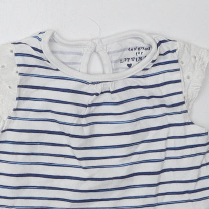 F&F Girls Blue Striped Cotton Basic T-Shirt Size 0-3 Months Crew Neck Button
