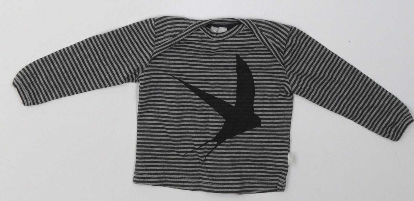 Preworn Boys Grey Striped Cotton Basic T-Shirt Size 0-3 Months Crew Neck Pullover