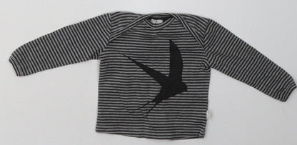 Preworn Boys Grey Striped Cotton Basic T-Shirt Size 0-3 Months Crew Neck Pullover