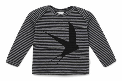 Front view of Preworn boys’ grey striped cotton basic t-shirt, size 0-3, months crew neck pullover