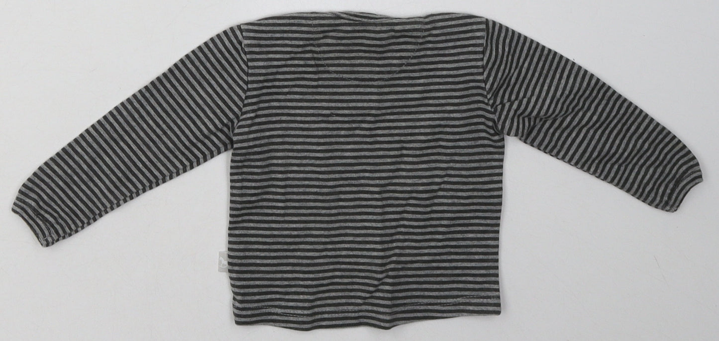 Preworn Boys Grey Striped Cotton Basic T-Shirt Size 0-3 Months Crew Neck Pullover