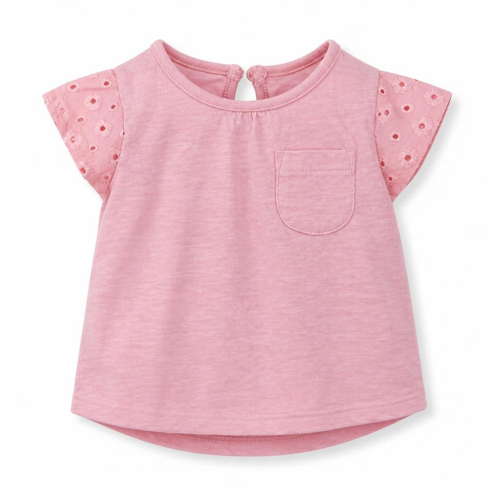 Front view of F&F girls’ pink cotton basic t-shirt, size 0-3, months crew neck button