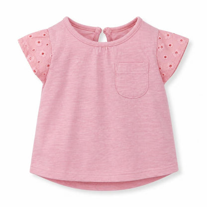 Front view of F&F girls’ pink cotton basic t-shirt, size 0-3, months crew neck button