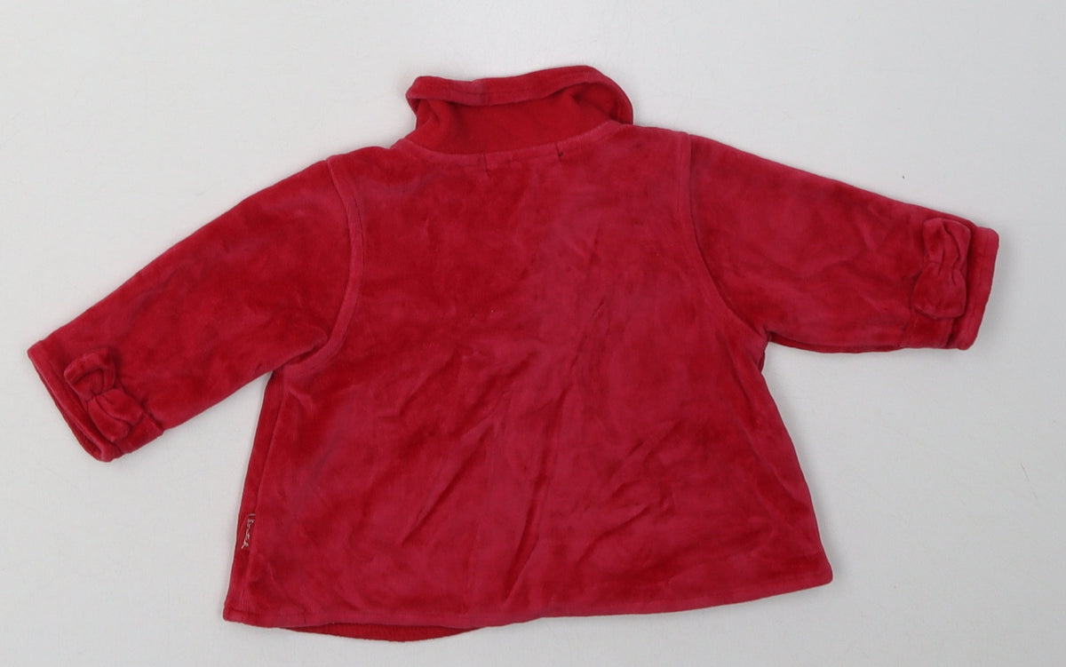 Back view of Pumpkin Patch girls’ red basic jacket jacket, size 3-6, months buckle