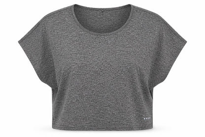 Front view of Matalan women’s grey polyester cropped t-shirt, size XL, scoop neck pullover