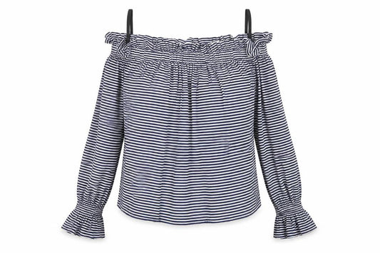 Front view of Atmosphere women’s multicoloured striped viscose basic t-shirt, size UK 6, boat neck