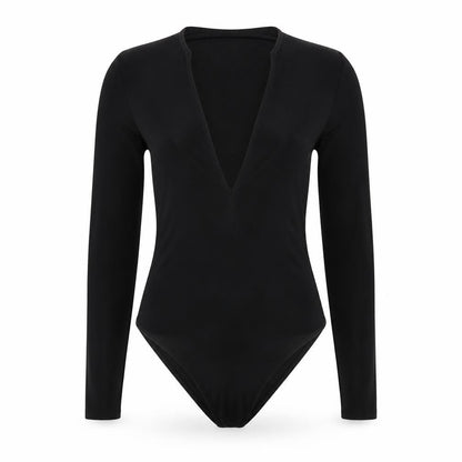 Front view of EDGE women’s black polyester bodysuit one-piece, size UK 8