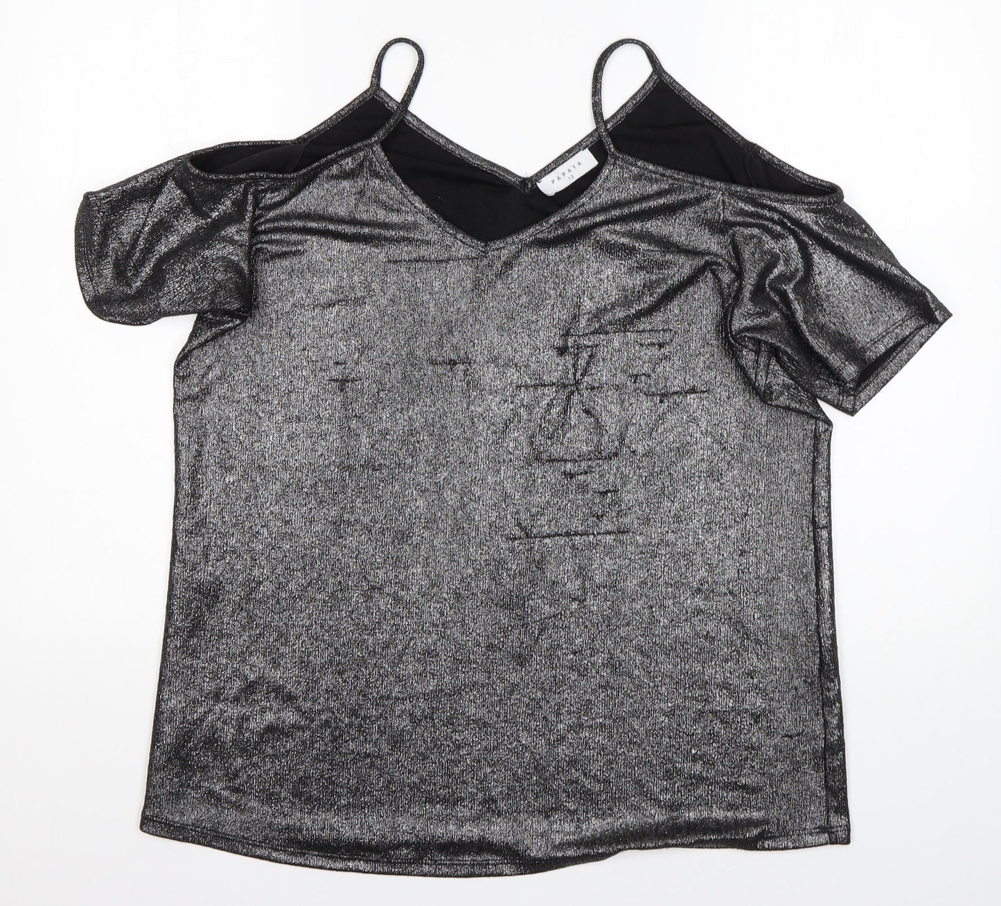 Papaya Womens Silver  Polyester Basic Blouse Size 12 V-Neck