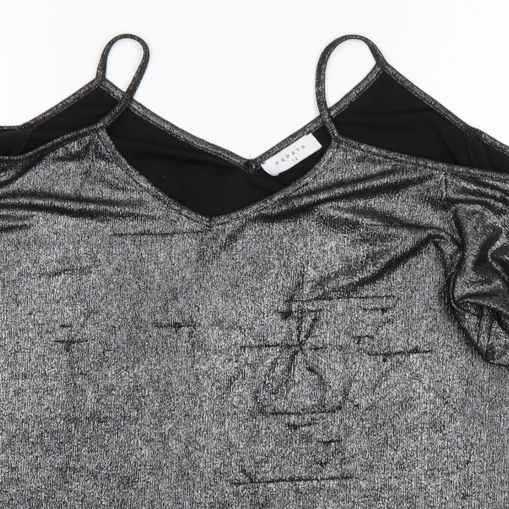 Papaya Womens Silver  Polyester Basic Blouse Size 12 V-Neck