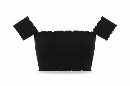 Front view of SHEIN women’s black cotton cropped t-shirt, size L, off the shoulder