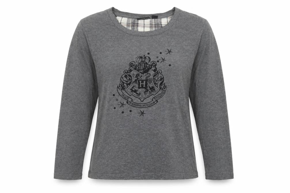 Front view of Primark women’s grey cotton top pyjama top, size S, - harry potter