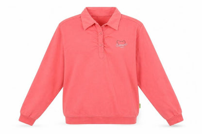 Front view of Stadlie women’s pink cotton henley sweatshirt, size M, button