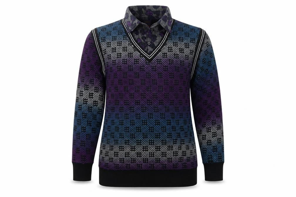 Front view of HJLRT women’s multicoloured collared geometric henley jumper, size XL