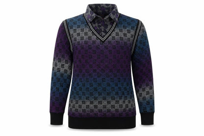 Front view of HJLRT women’s multicoloured collared geometric henley jumper, size XL