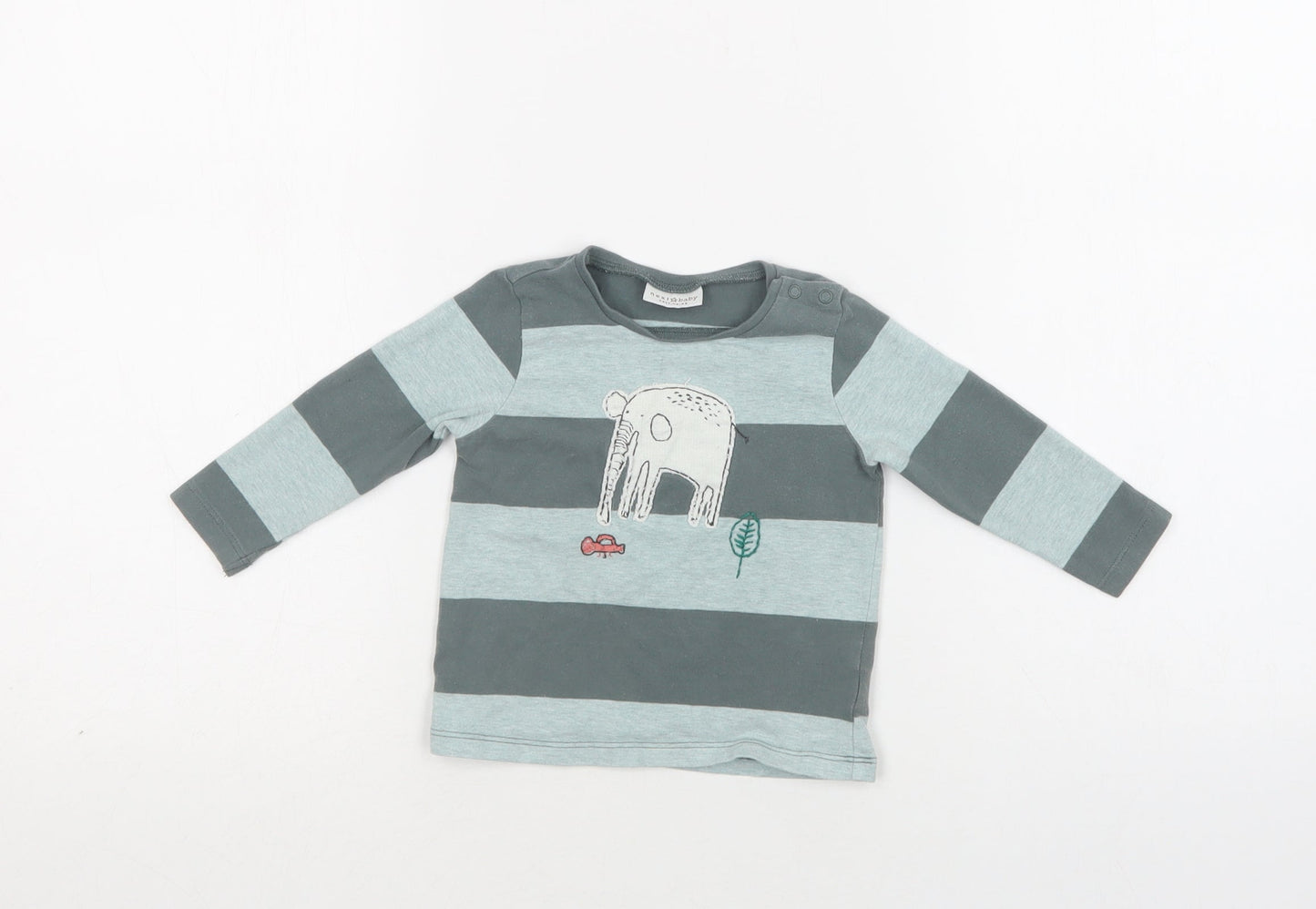 NEXT Baby Green Striped Cotton Basic T-Shirt Size 6-9 Months Crew Neck Snap