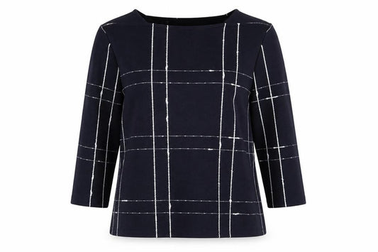 Front view of Bonmarché women’s blue square neck polyester jumper, size UK 10