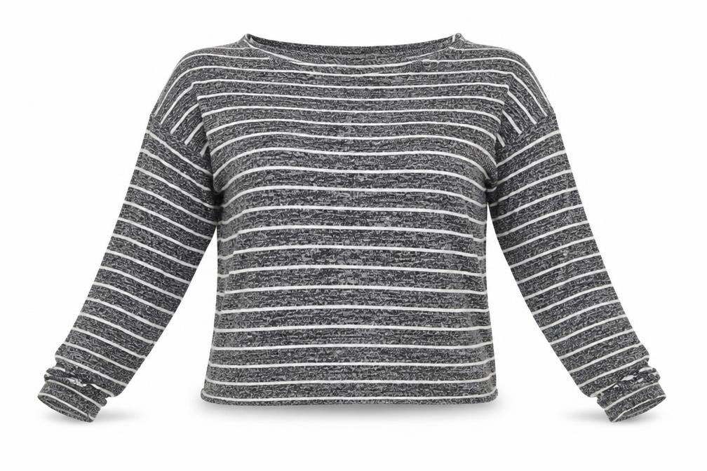 Front view of Boohoo women’s grey striped viscose top lounge set, size UK 12
