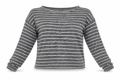 Front view of Boohoo women’s grey striped viscose top lounge set, size UK 12