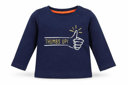 Front view of Mini Rebel boys’ blue cotton basic t-shirt, size 6-9, months round neck