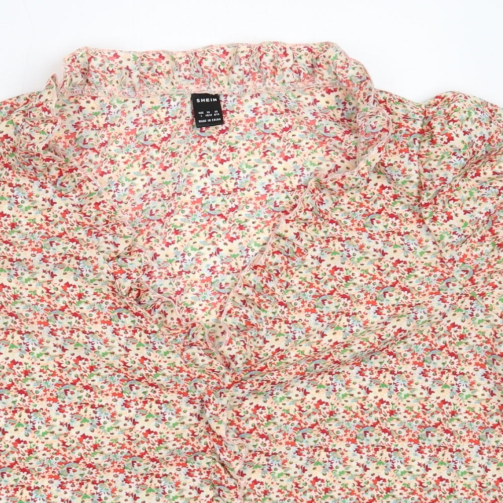 SheIn Womens Red Floral Polyester Basic Blouse Size L V-Neck