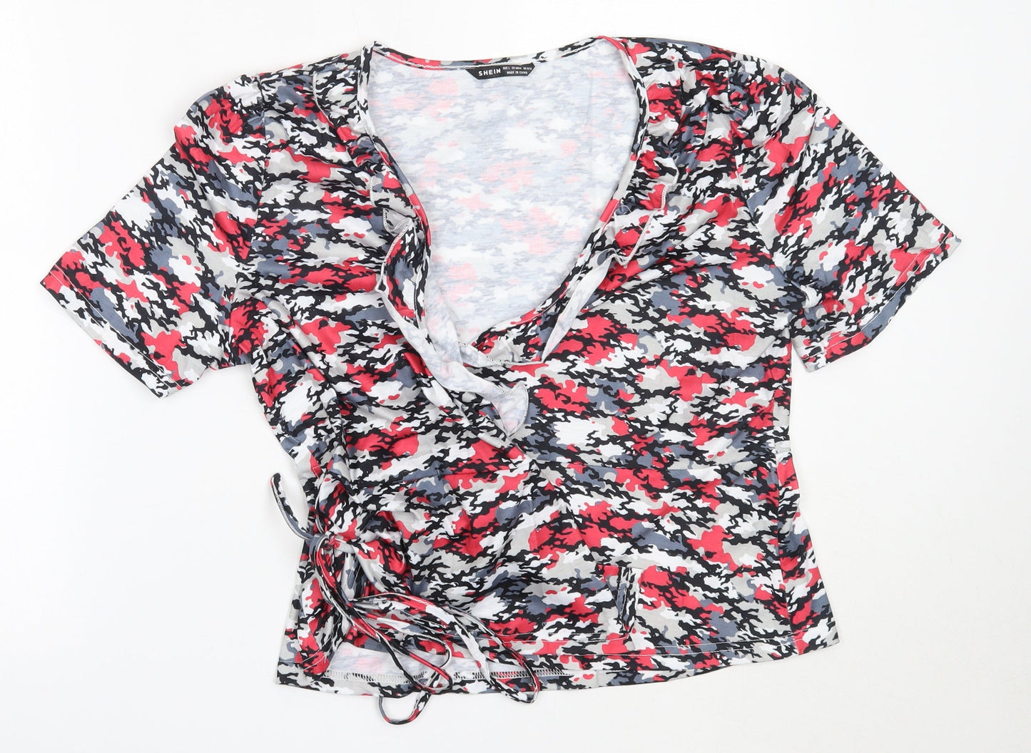 SheIn Womens Red Camouflage Polyester Basic Blouse Size L V-Neck