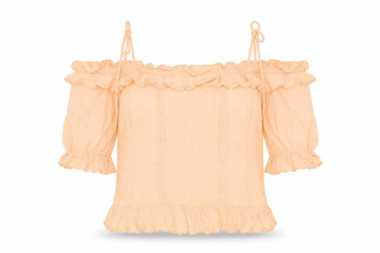Front view of FB Sister women’s orange polyester basic blouse, size M, round neck - cold shoulder